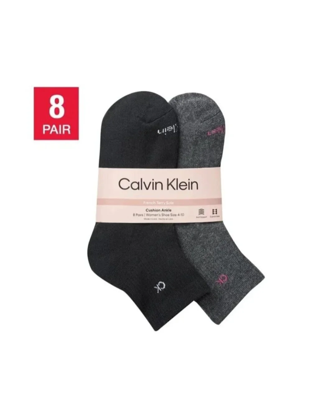 Calvin Klein Women's 8-Pairs French Terry Sole Cushion Ankle Socks, Multi, 4-10